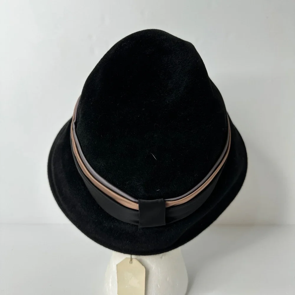 Vintage Parks-Belk Black Genuine Velour Fur Cloche Hat Union Made Size 22 Bow‎